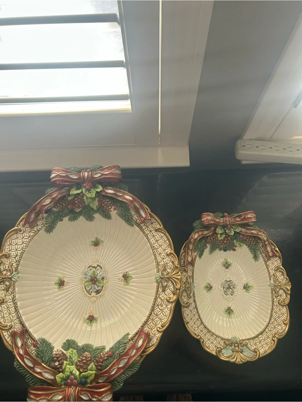 Holiday Decorative Serving Platters with Red Ribbon and Pinecone Accents